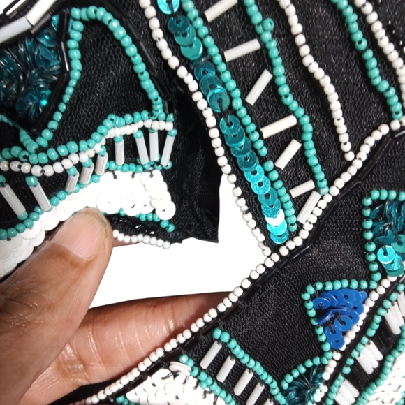 Parker Beaded Sequin Halter Mini Dress Teal Black Cocktail Party Size 4 - Picture 6 of 9